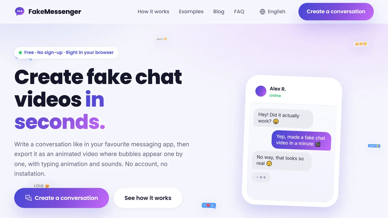 La page d'accueil de FakeMessenger, qui montre le générateur de vidéos de fausses conversations