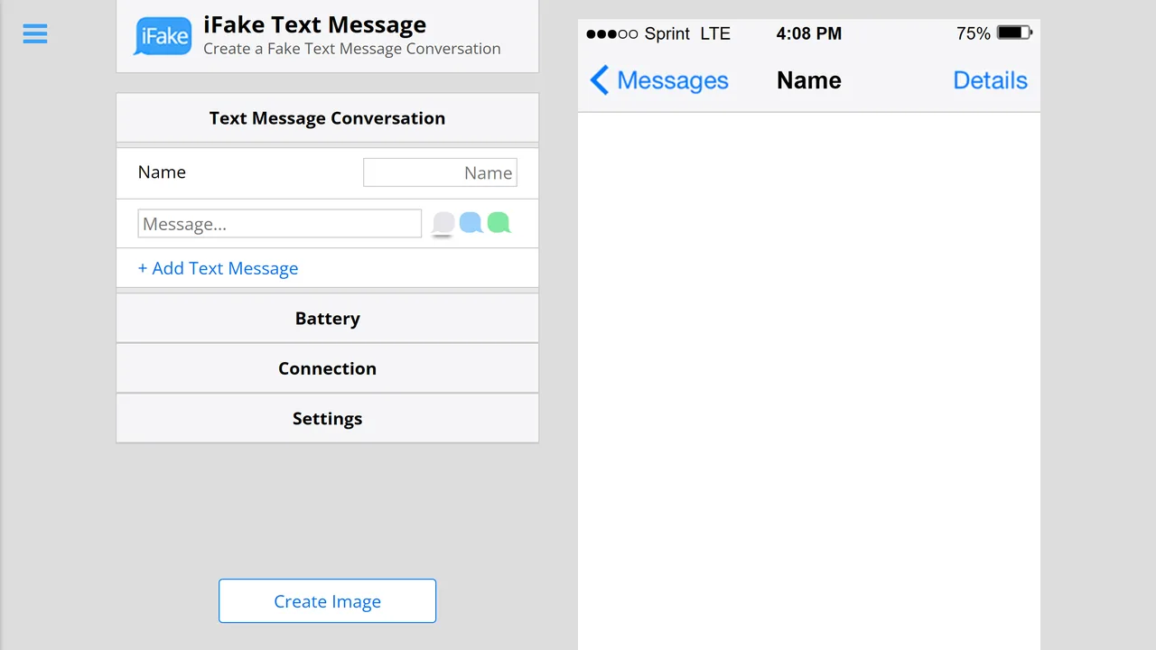 L'éditeur iFake Text Message, avec son formulaire et son aperçu d'iPhone