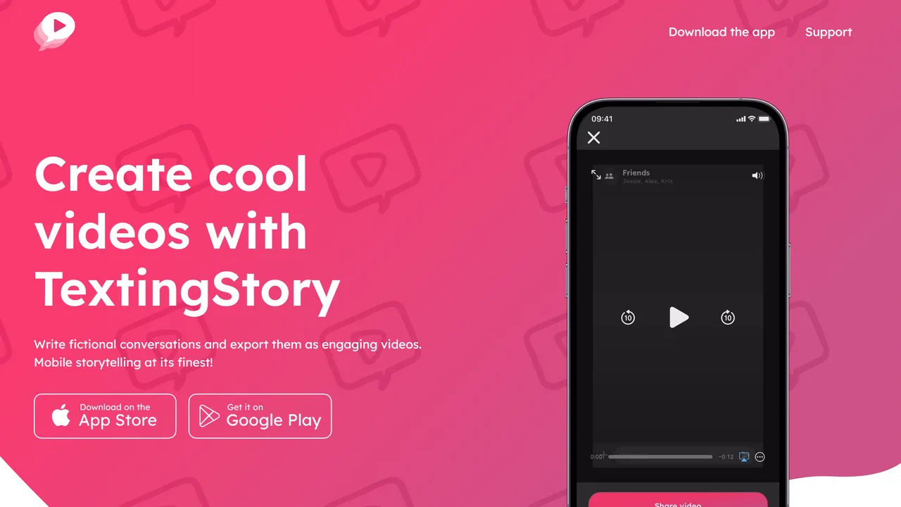 La page d'accueil de TextingStory, qui montre son application de vidéos de chat