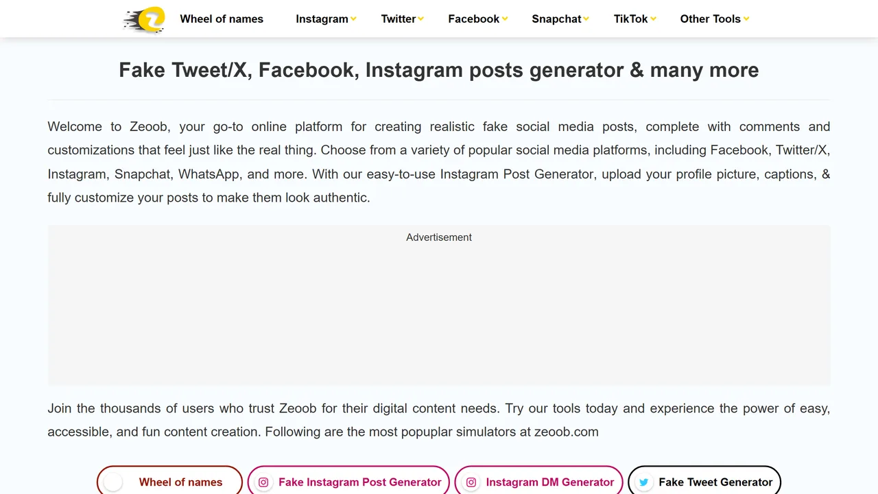 La page d'accueil de Zeoob, qui liste ses générateurs de posts
